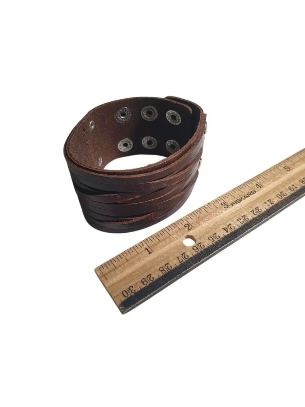 Wide Brown Leather Cuff Bracelet Adjustable Snap Closure Woven Straps Wristband
